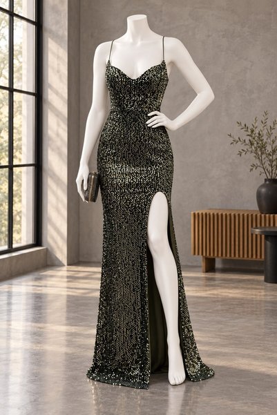 Modafeminen Trend Yırtmaçlı Kadife Pulpayet Elbise HAKİ 583293
