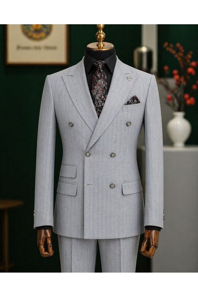 ilayda emir Men's Light Gray Striped Double-Breasted Suit Slim Fit Stylish De...
