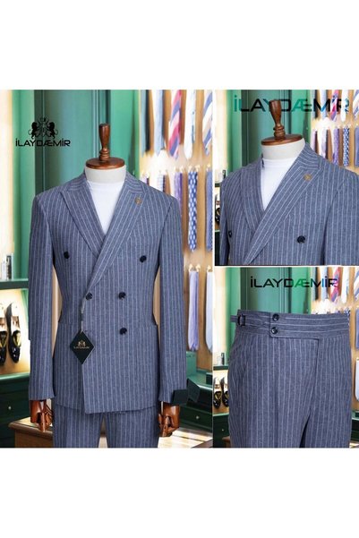 ilayda emir Special Design Slimfit Double-Breasted Light Navy Blue Men's Suit...