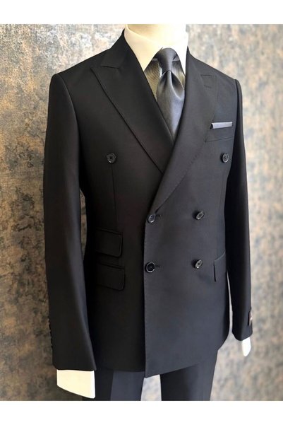 ilayda emir Luxury, Slim Fit, 6 Drop, Double Breasted, Black Men's Suit