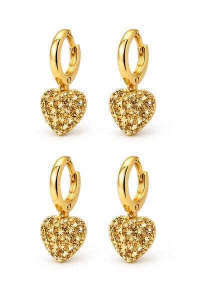 OEM Set of 2 Pairs of Heart-Shaped Earrings with Sparkling Rhinestones, Gold ...