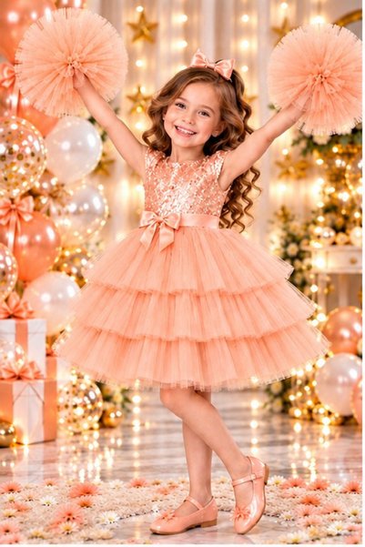 Delfini kids Girl's Buckle Pompom Sleeves Salmon Evening Dress Party Birthday...