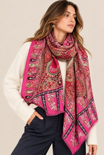 Axesoire 15176 Patchwork Desenli Fuşya Fransa Kumaşı Varaklı Şal
