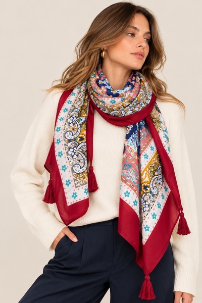 Axesoire 15238 Patchwork Desenli Bordo Püsküllü Şal