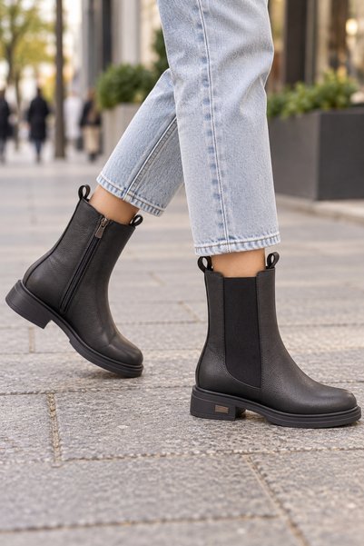 MT Women's Black Genuine Leather Elastic Zippered Chealsea Boots