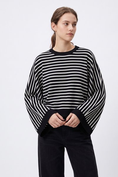 zenne Pulover din tricot cu dungi, în stil lejer T2623 - NEGRU