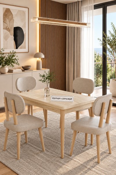 UZMHOME 70 x 110 Sabit Traverten Mutfak Masa Takımı 4 Sandalyeli