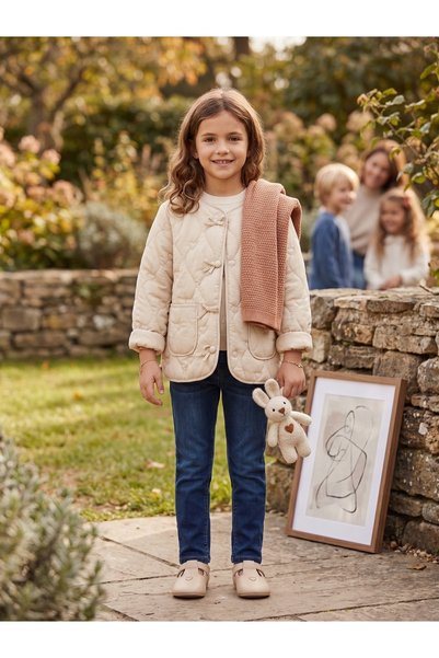 Deniva Kids Kız Çocuk Bej Kalp Kapitone Fiyonk Detaylı Cepli Astarlı Mevsimli...