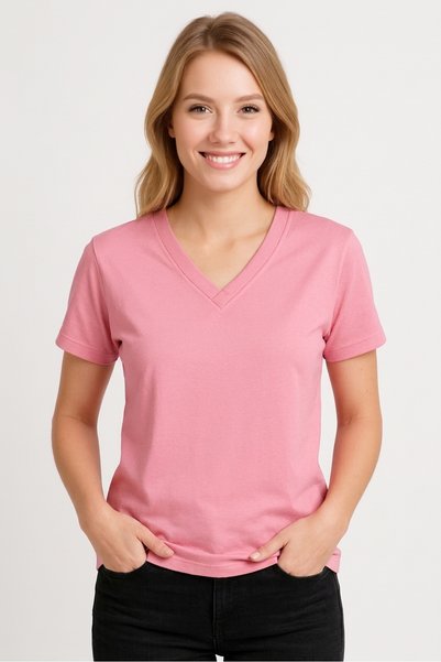 İpek Tekstil WOMEN'S Set-In V-Neck Slit-Collar Detail T-Shirt, Jersey-Modal B...