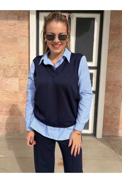 Ded COLLECTION Kadın Kendinden Süveterli Uzun Kol Çizgili Gömlekli Modal Raha...