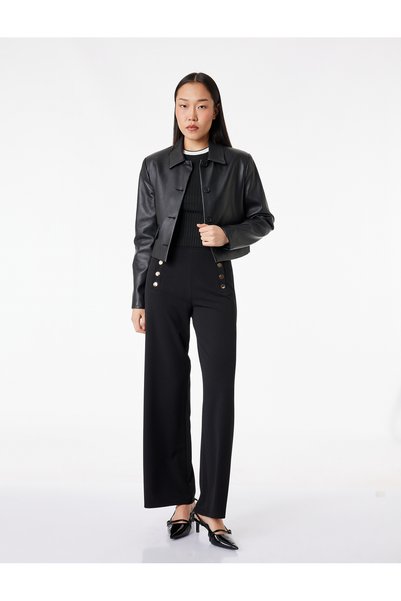 Koton Crepe Scuba Fabric Flat-Legged Fabric Trousers with Button Accessory De...