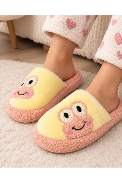 Kadın Peluş Ev Terliği Pembe Sevimli Figürlü Kalın Tabanlı Kışlık Terlik