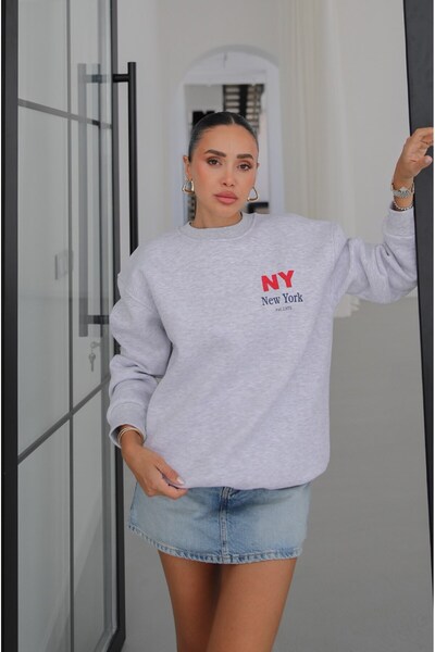 Havoş Gray New York Printed Sweatshirt