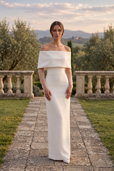 berissima bride Madonna Yaka Nikah Elbisesi, İnci Detaylı Kol, Maxi Yırtmaçlı...