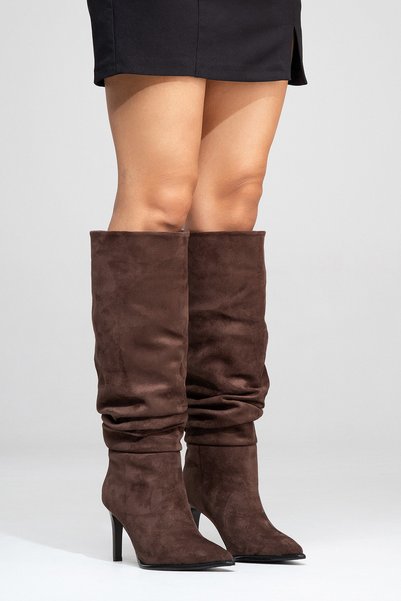 Lizy Shoes Women's Brown Below the Knee Suede Pointed Toe 9 cm Thin Heeled Ga...