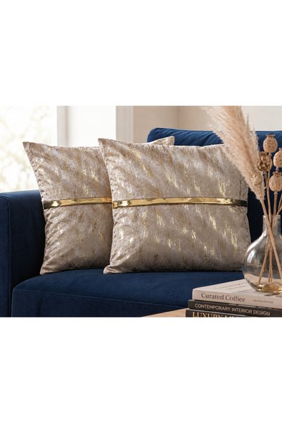 DECORA CASA HOME COLLECTİON Kadife Gold Şeritli 2’li Dekoratif Kırlent Kılıfı...