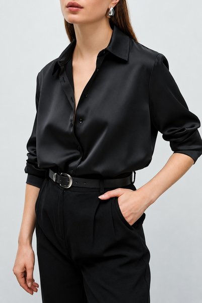 Ruby Wear Kadın Saten Dökümlü Rahat Kalıp Günlük Gömlek