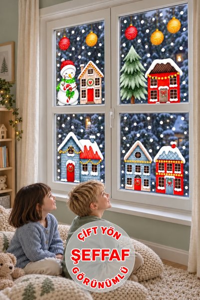 efekt reklam New Year's Joy in a Two-Sided Town: Snowman and Snow-Covered Hou...