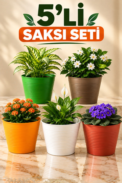 Plant Home Power Mix 5 Adet Renkli Kırılmaz Plastik Saksı Seti | Tabaksız Kul...