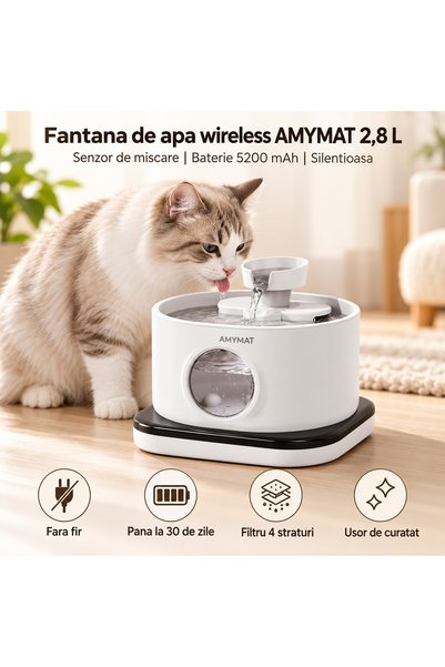AMYMAT Fantana de apa wireless pentru pisici si caini 2,8 L, senzor de miscar...