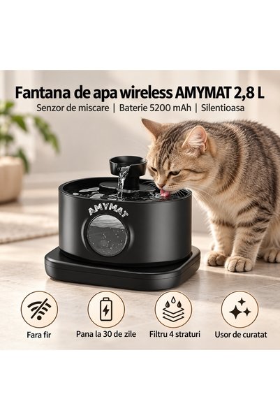 AMYMAT Fantana de apa wireless pentru pisici si caini 2,8 L, senzor de miscar...