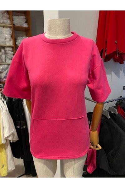 Speranza Aquila Oversize Fuşya renk kısa kollu kanguru cepli sweat