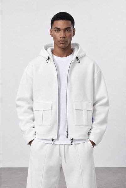 Respire Buzunar pentru bărbați cu detalii Panda Oversize Zip Ecru