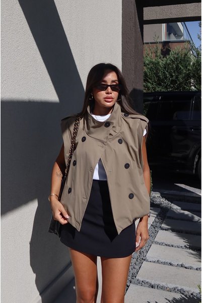 Havoş Khaki Pleated Buttoned Vest Trench Coat