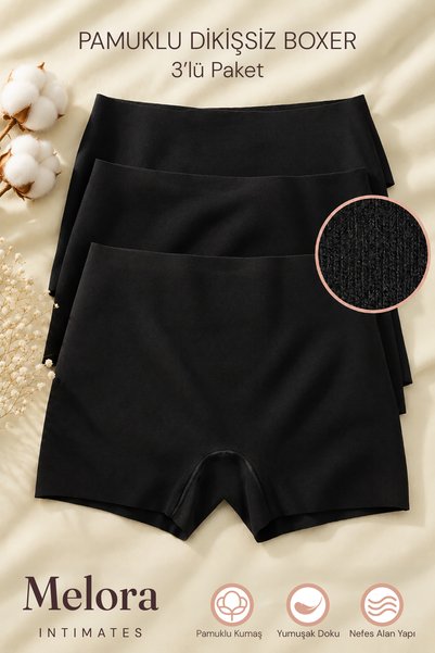 Melora Intimates Pamuklu Lazer Kesim Dikişsiz Kadın Boxer 3'lü Külot