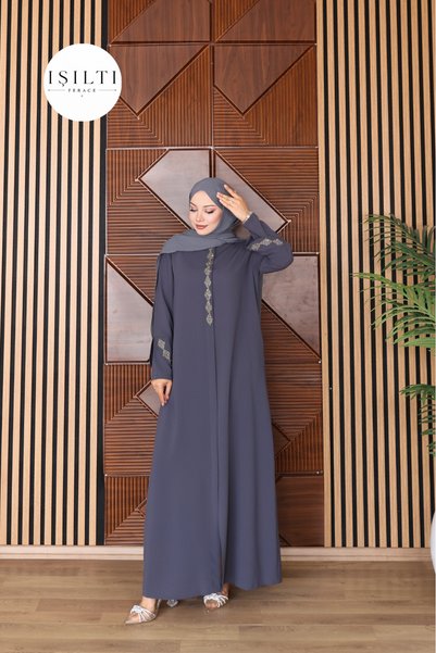 Işıltı Ferace Laser Cut Stone Detailed İkbal Ferace (Gray)