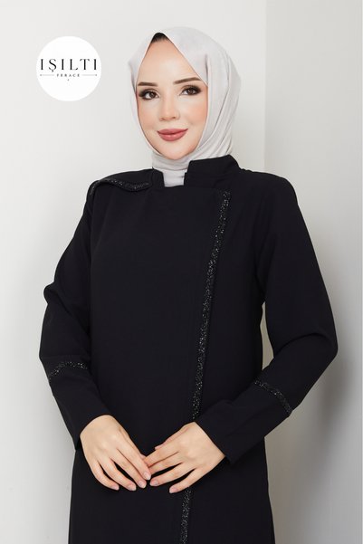 Butik Boydan Taşlı Safir Ferace (Siyah)