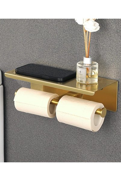 Generic Stylish Double Toilet Paper Holder in Brushed Gold, Durable SUS304 St...