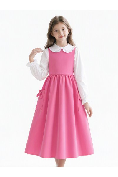 Take Two By Styli Pink Lace Collar Dress with Long Sleeve