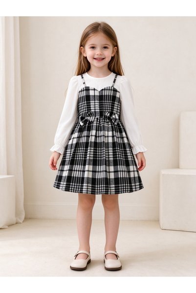Take Two By Styli Girls Black Plaid Dress with Long Sleeve