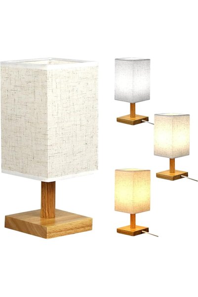 Generic Bedside Table Lamp Dimmable with Wooden Stand Linen Cover, LED Bed Si...