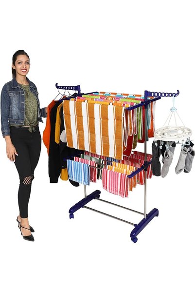 Generic Premium Clothes Stand for Drying with Wheels | Portable | 2 Layer Rac...