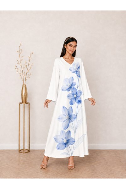 Take Two By Styli White Blue Floral Print V-Neck Long Sleeve Maxi Jalabiya
