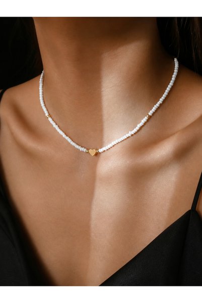 Take Two By Styli Heart Charm White Beaded Choker Necklace