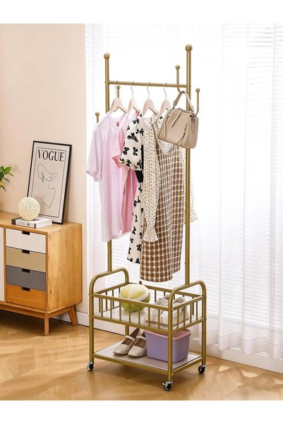 Generic Gold Clothing Rack with Wheels, Rolling Clothes Rack, Garment Rack