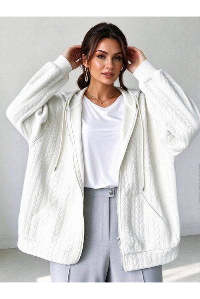 Take Two By Styli Off-White Longline Textured Zip-Up Hoodie Jacket