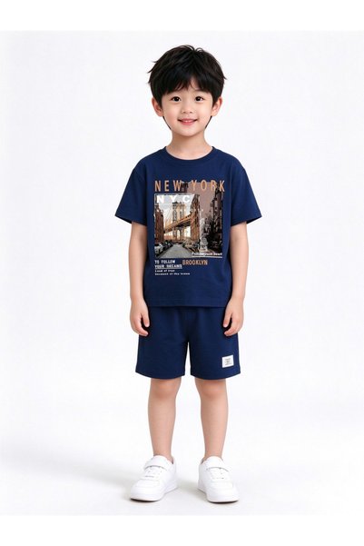 Take Two By Styli Kids Navy Blue NYC Graphic T-Shirt and Shorts Set
