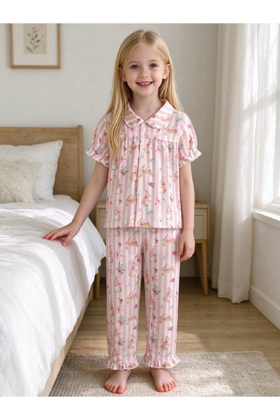 Take Two By Styli Girls Pink Striped Shirt and Pyjama Set