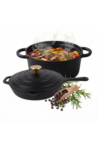 HAGE Set oala si tigaie din fonta emailata, 3 piese, oala 5 L, tigaie 26 cm, ...
