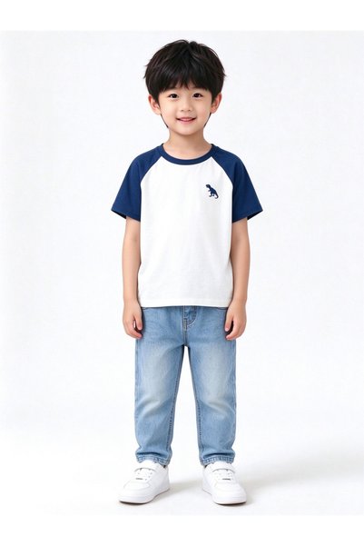 Take Two By Styli Kids Two-Tone Dinosaur Embroidered Raglan T-Shirt