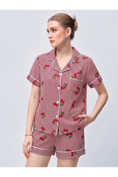 Take Two By Styli Burgundy Striped Cherry Print Short Sleeve Pajama Set