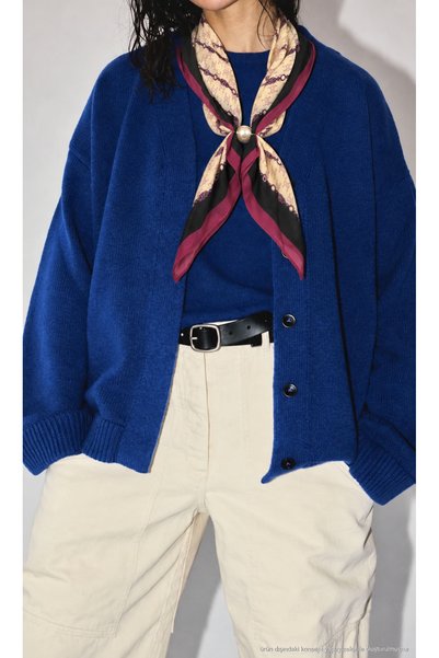 Markiz Takı Cream-Purple 100% Wool Cashmere Scarf with Pearls