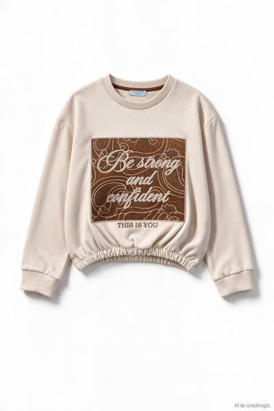 Quzu Women's Sweatshirt with Embroidered Details SWT02926 Beige