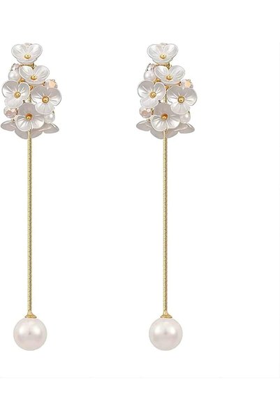 Generic White Pearl Flower Drop Earrings, 925 Sterling Silver Post Long Fring...