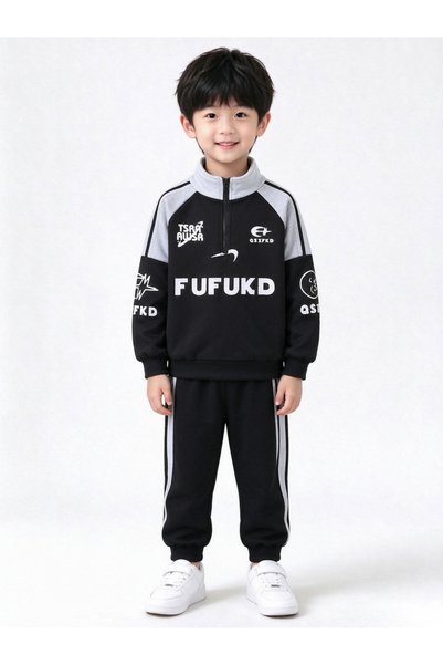 Take Two By Styli Boys Black Graphic Quarter-Zip Sweatshirt and Joggers Set