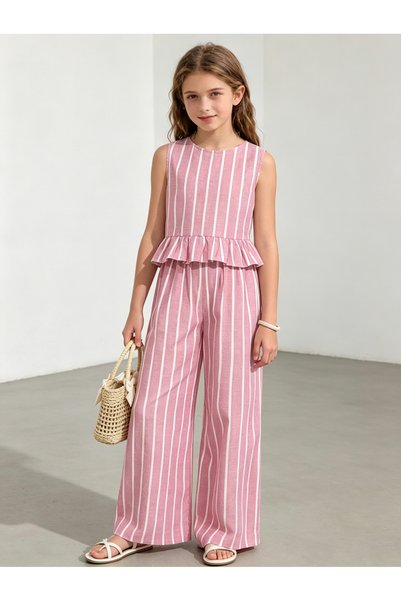 Take Two By Styli Girls Pink Stripe Ruffle Hem Top and Wide Leg Pants Set